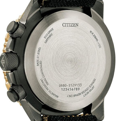 Citizen PROMASTER SKY Eco-Drive radio controlled watch JY8074-11X with beige nylon band and green liquid crystal dial