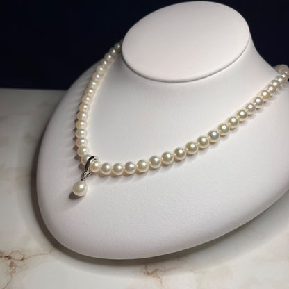Akoya genuine blue pearl necklace featuring 6.0-6.5mm pearls with silver drop-shaped clasp at 42cm length