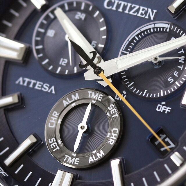 Citizen ATTESA CB5967-66L watch with dark blue dial, black super titanium band, and aluminum dark blue bezel