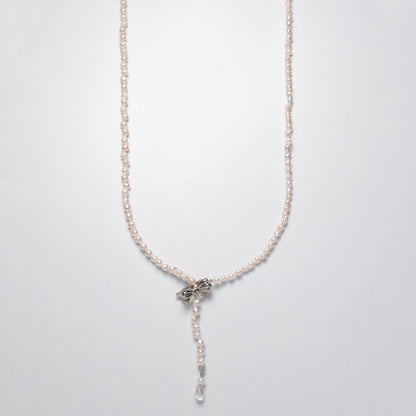 Baroque shape Akoya pearl necklace with 3-3.5mm pearls and rose quartz ribbon clasp, 80cm long