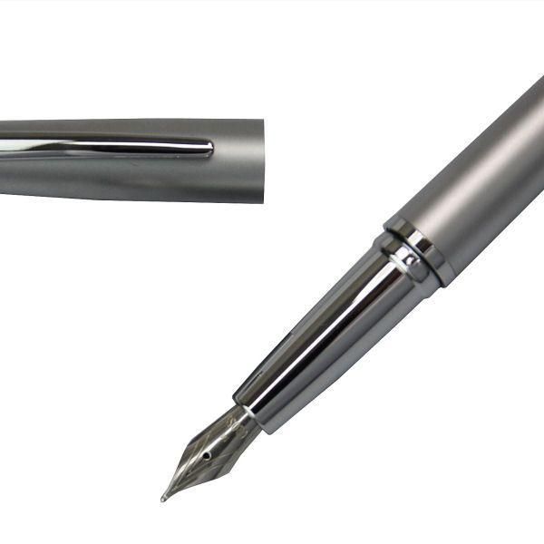 Cross ATX Matte Chrome fountain pen with fine nib, closed and open length shown, sleek silver finish