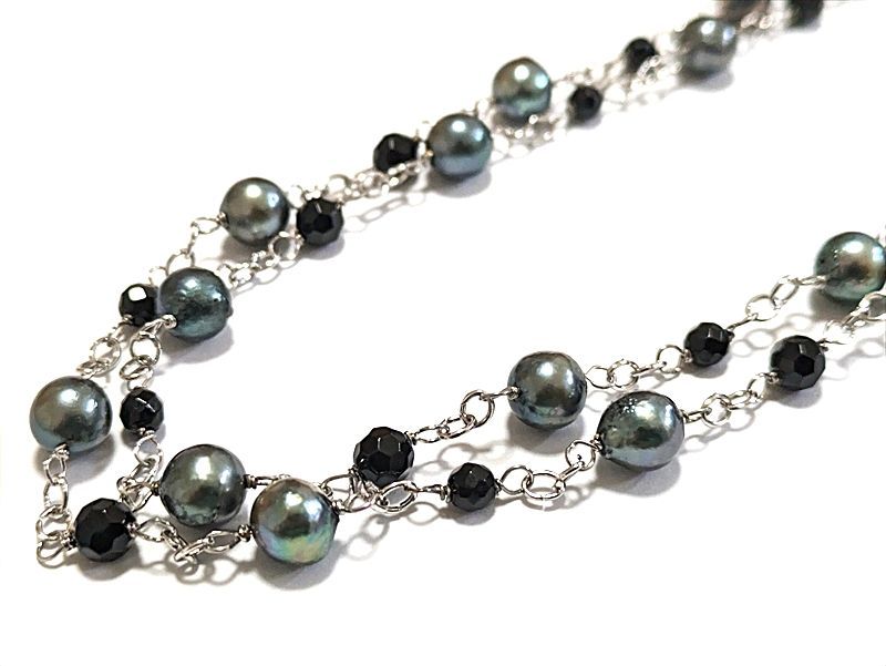 Akoya pearl blue black and onyx station long necklace with 7-7.5mm pearls, 120cm length, brass crab hook clasp