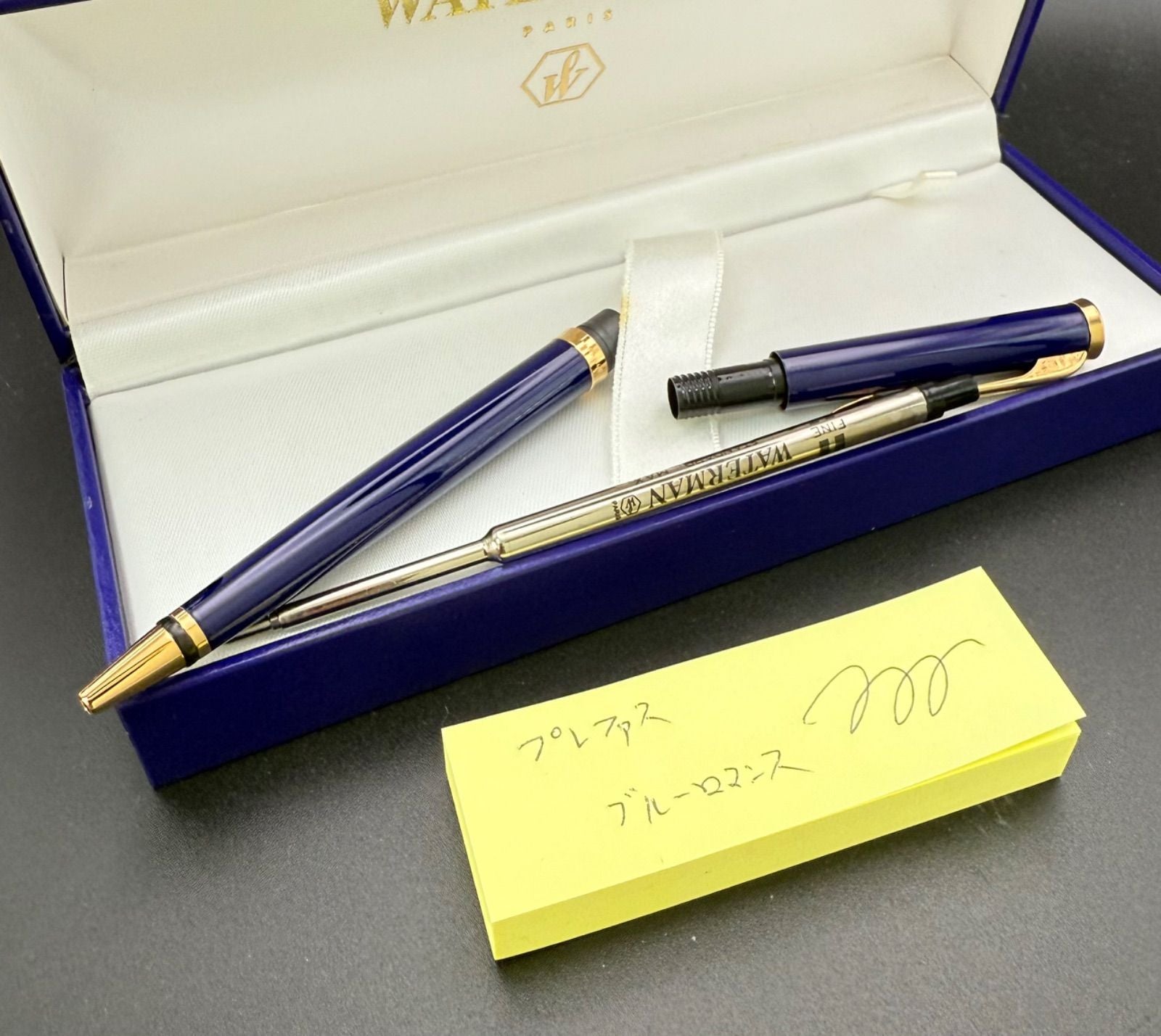 Waterman Preface ballpoint pen with blue romance design and hexagonal motif on cap, shown with case