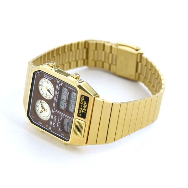 Citizen ANA-DIGI TEMP gold stainless steel watch with LCD ivory dial and slide type band