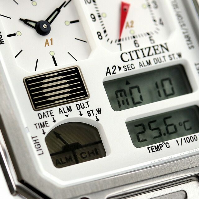Citizen JG2120-65A men's wristwatch with white liquid crystal dial and silver stainless steel sliding band