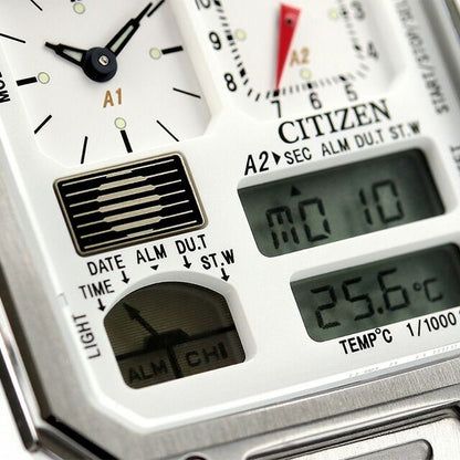Citizen JG2120-65A men's wristwatch with white liquid crystal dial and silver stainless steel sliding band