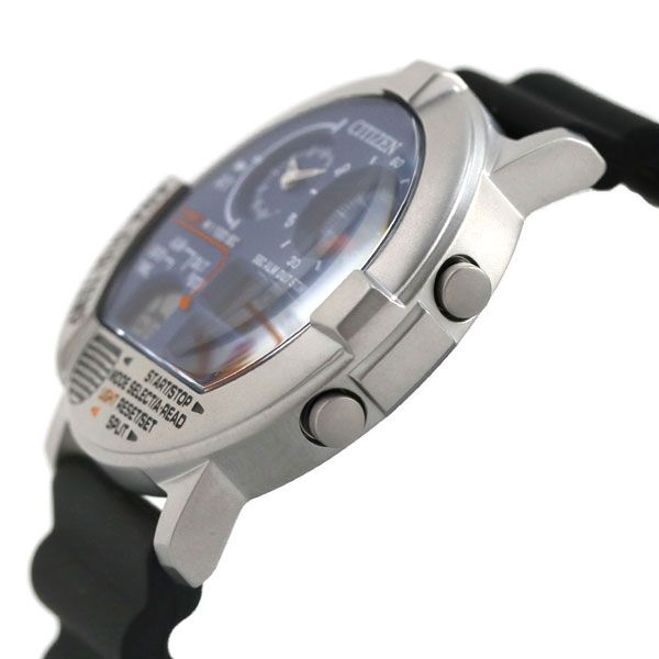 Citizen Ana-Digi Temp 44mm watch with blue dial, black urethane band, stainless steel case, and LCD display