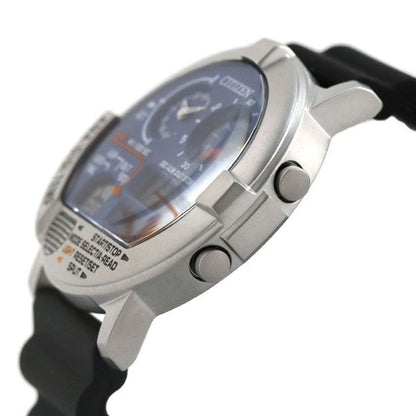 Citizen Ana-Digi Temp 44mm watch with blue dial, black urethane band, stainless steel case, and LCD display
