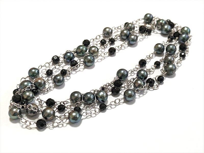 Akoya pearl blue black and onyx station long necklace with 7-7.5mm pearls, 120cm length, brass crab hook clasp