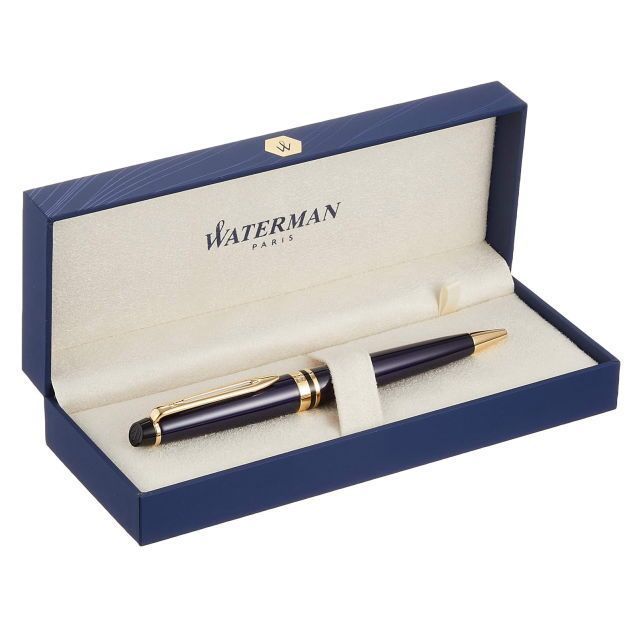 WATERMAN Expert Essential Blue GT ballpoint pen with brass lacquered body and 23K gold-plated clip and trim