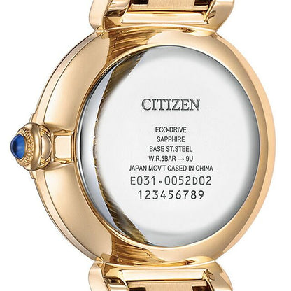 Citizen L ladies watch EM1063-89D with shell dial and warm gold stainless steel case and band