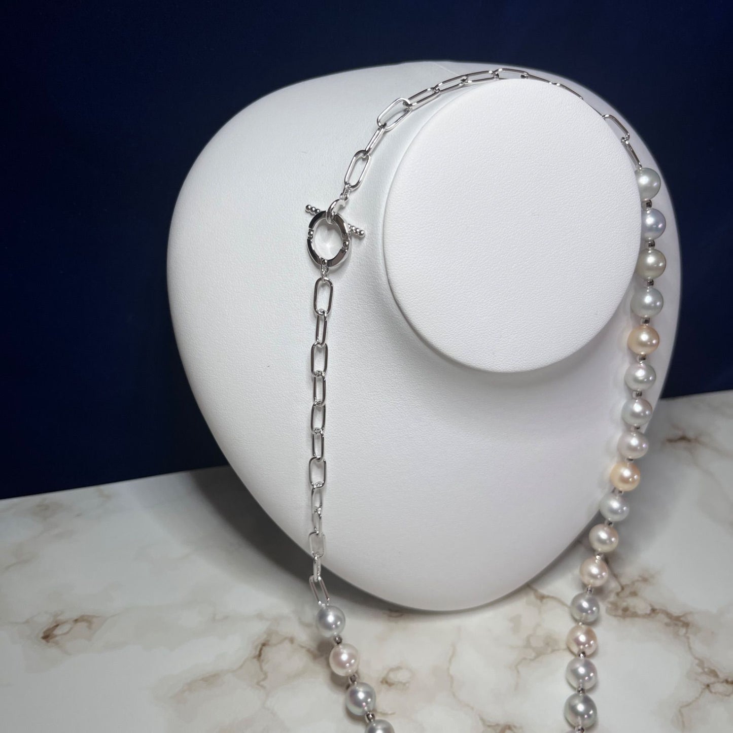 Akoya genuine pearl multi-design necklace with 9mm pearls and silver findings, 53cm length