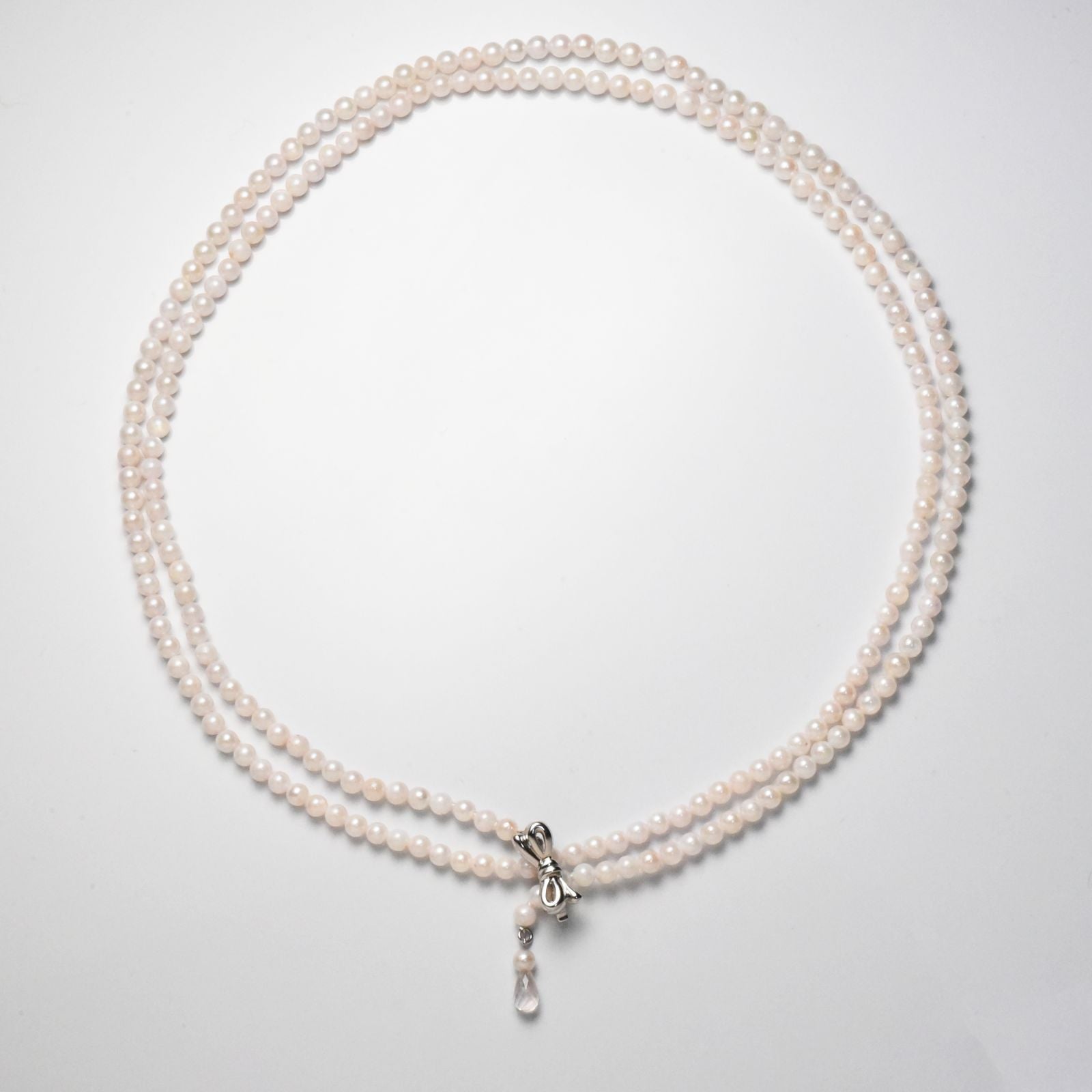 Akoya cultured pearl necklace 3.5-4mm with briolette rose quartz and ribbon clasp on an 80 cm strand
