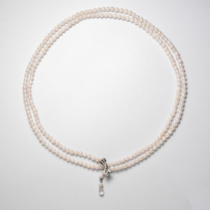 Akoya cultured pearl necklace 3.5-4mm with briolette rose quartz and ribbon clasp on an 80 cm strand