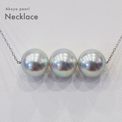 8.5-9mm natural round Akoya pearl pendant on 3-strand K18 white gold necklace with agate chain