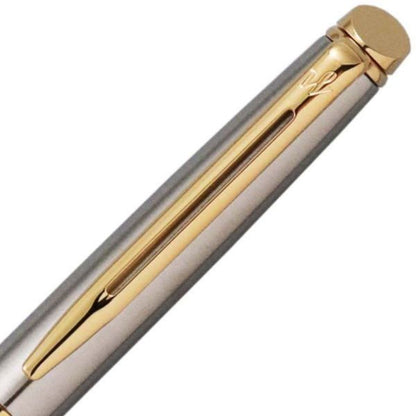 Waterman Metropolitan Essential oil-based ballpoint pen with stainless steel body and gold-plated clip on white background