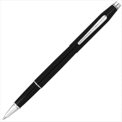 Limited Quantity Cross Gift Set rollerball pen with black lacquer finish and brass chrome clip, capped and uncapped views