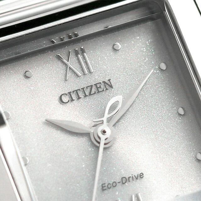 Citizen EW5590-62A ladies wristwatch with white square dial, silver stainless steel mesh band, and stainless steel case