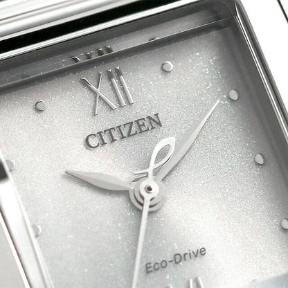 Citizen EW5590-62A ladies wristwatch with white square dial, silver stainless steel mesh band, and stainless steel case