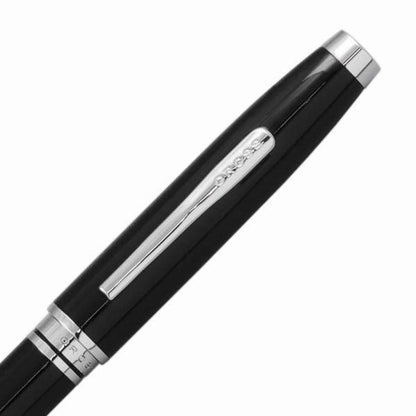 Cross Coventry NAT0662-6 black lacquer ballpoint pen with silver accents, closed and open views