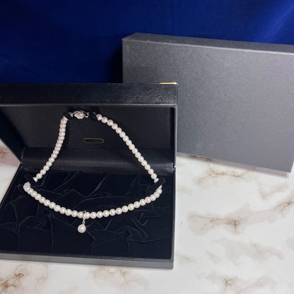 Akoya genuine pearl necklace with 6.0-6.5mm white blue pearls and silver clasp, 42cm length