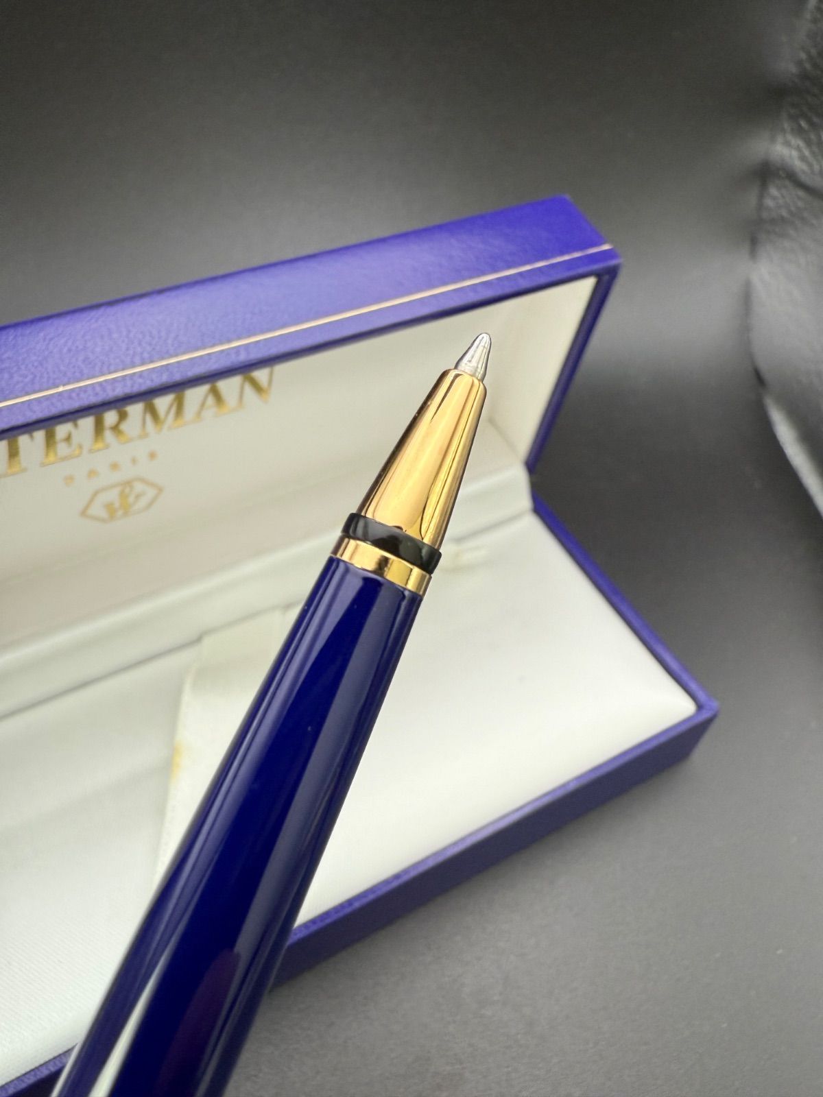 Waterman Preface ballpoint pen with blue romance design and hexagonal motif on cap, shown with case
