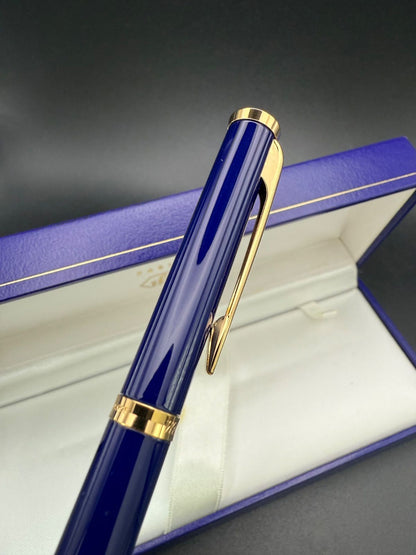 Waterman Preface ballpoint pen with blue romance design and hexagonal motif on cap, shown with case