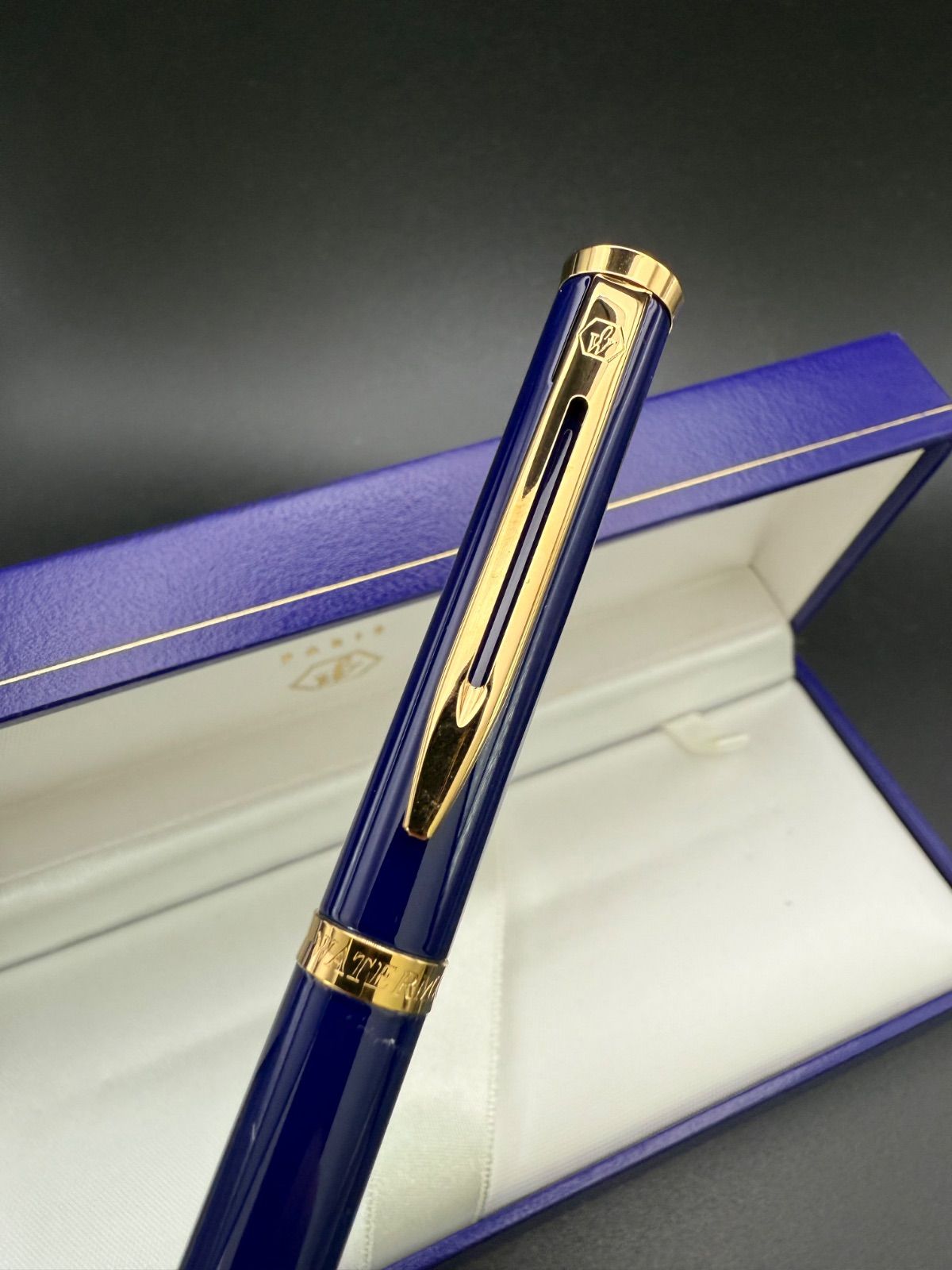 Waterman Preface ballpoint pen with blue romance design and hexagonal motif on cap, shown with case