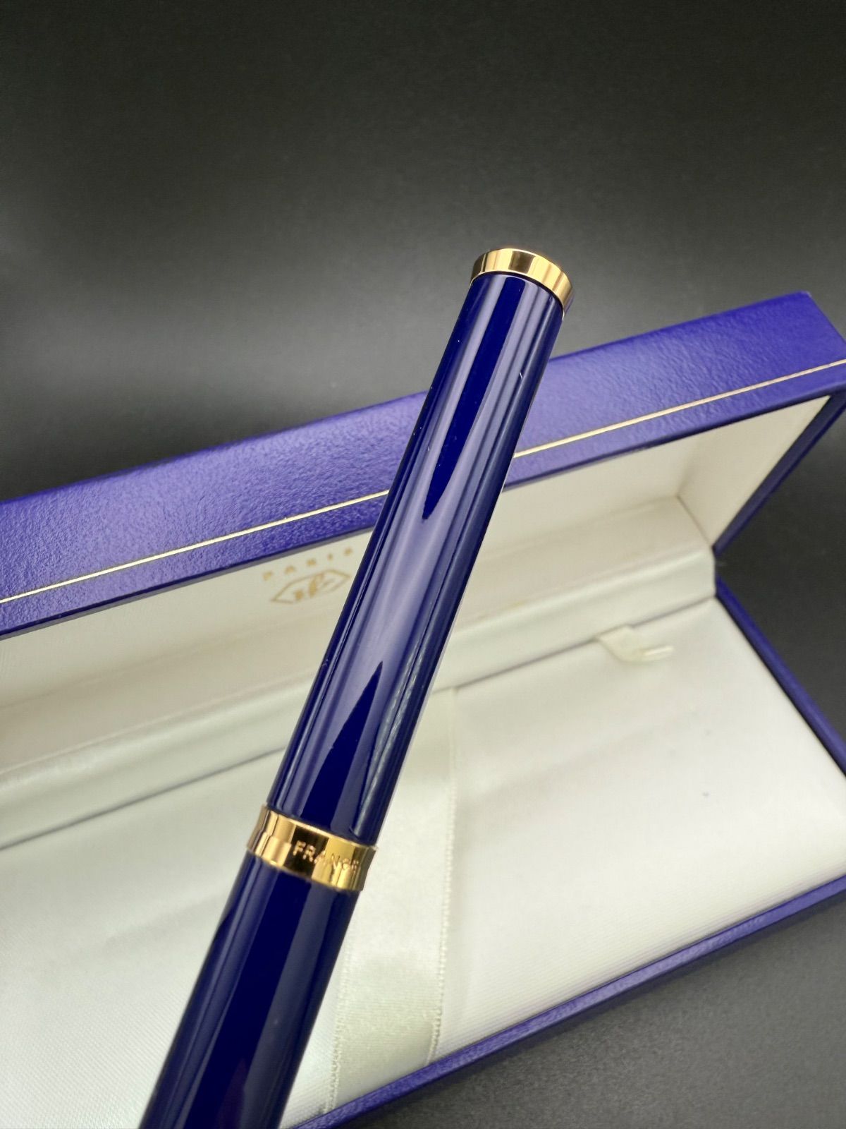 Waterman Preface ballpoint pen with blue romance design and hexagonal motif on cap, shown with case