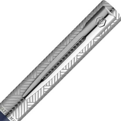 Waterman Allure Deluxe blue ballpoint pen with slide-lock, sleek 137mm length and silver trim