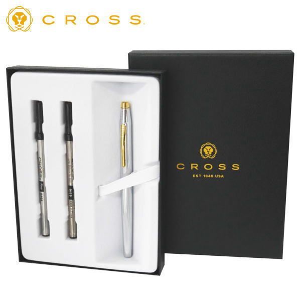 Cross limited edition gift set with rollerball pen and water-based gel ink pen, brass body with chrome finish