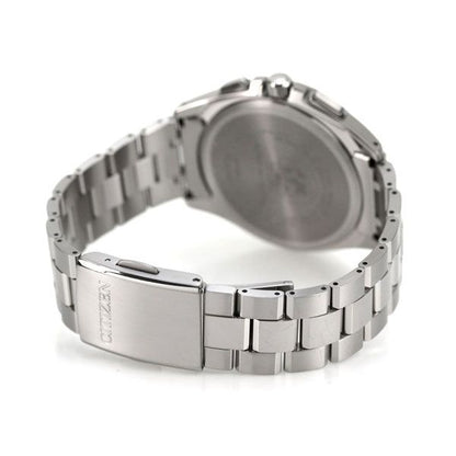 Citizen Attesa AT8040-57E watch with black dial and silver titanium band on a white background