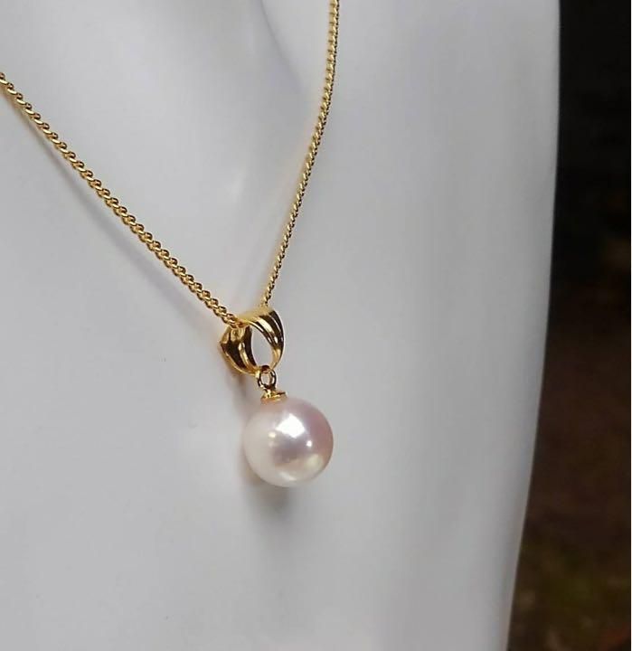SV925 pearl necklace featuring 8mm round white pink Akoya pearls on a 40cm silver gold-colored chain