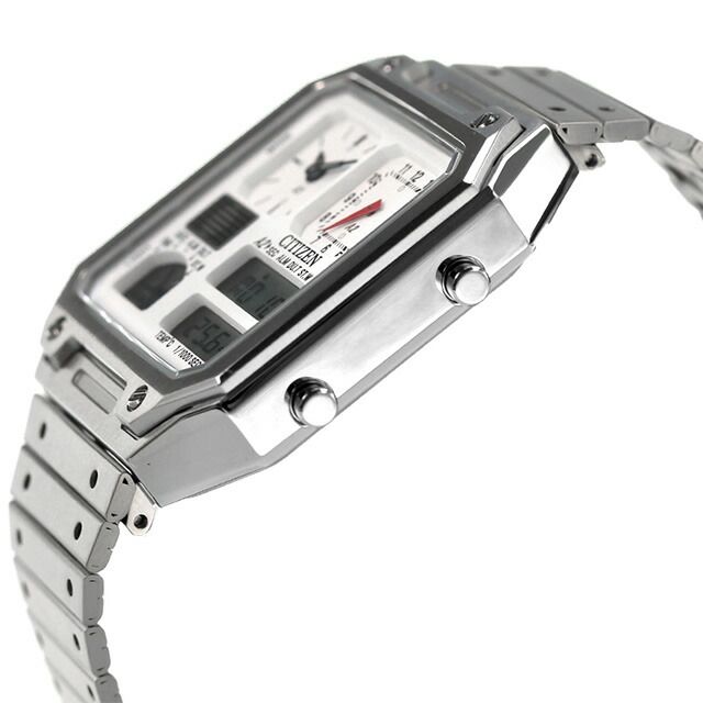 Citizen JG2120-65A men's wristwatch with white liquid crystal dial and silver stainless steel sliding band