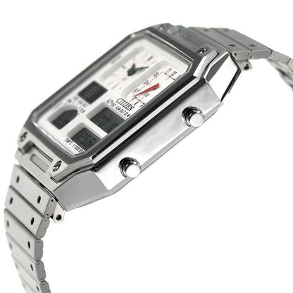 Citizen JG2120-65A men's wristwatch with white liquid crystal dial and silver stainless steel sliding band