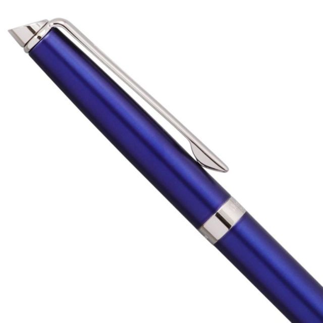 WATERMAN Metropolitan Essential Blue Ballpoint Pen with chrome trim, 135mm length, shown on white background
