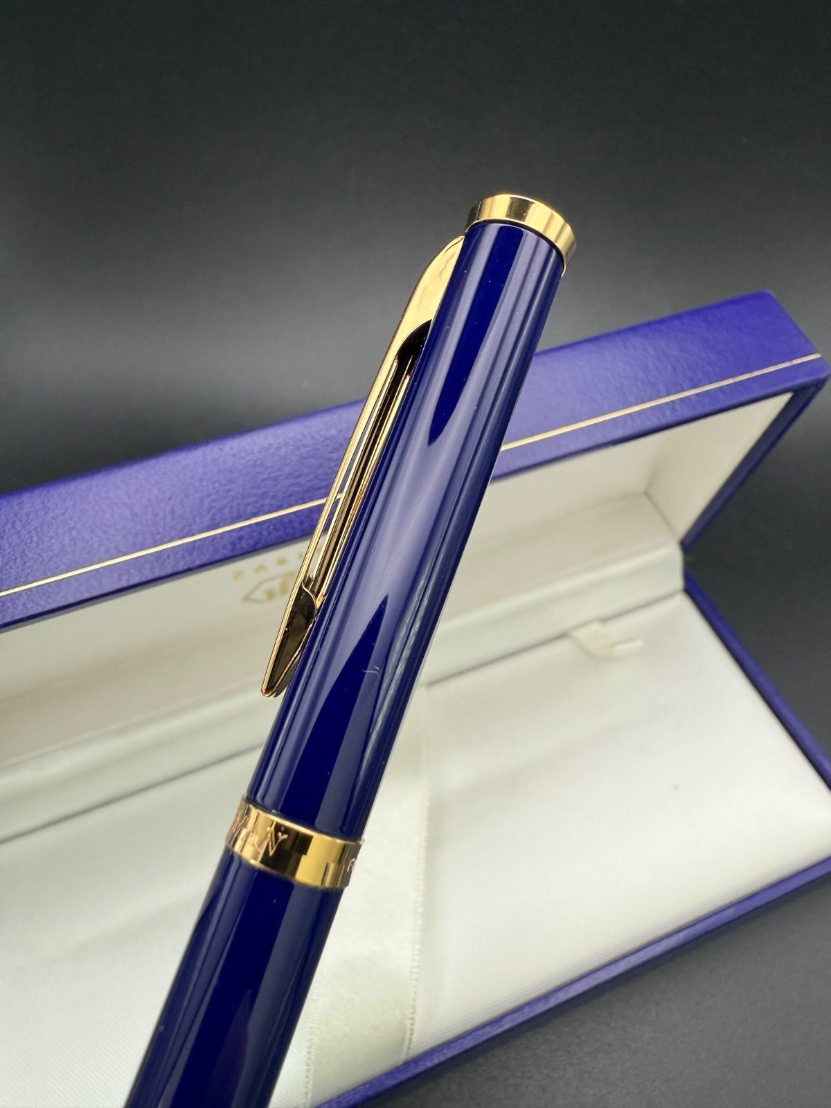 Waterman Preface ballpoint pen with blue romance design and hexagonal motif on cap, shown with case