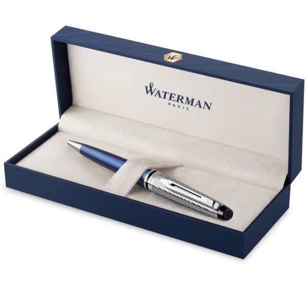 Wateman Expert Deluxe Metallic Blue ballpoint pen with brass body and stainless steel cap shown from side view