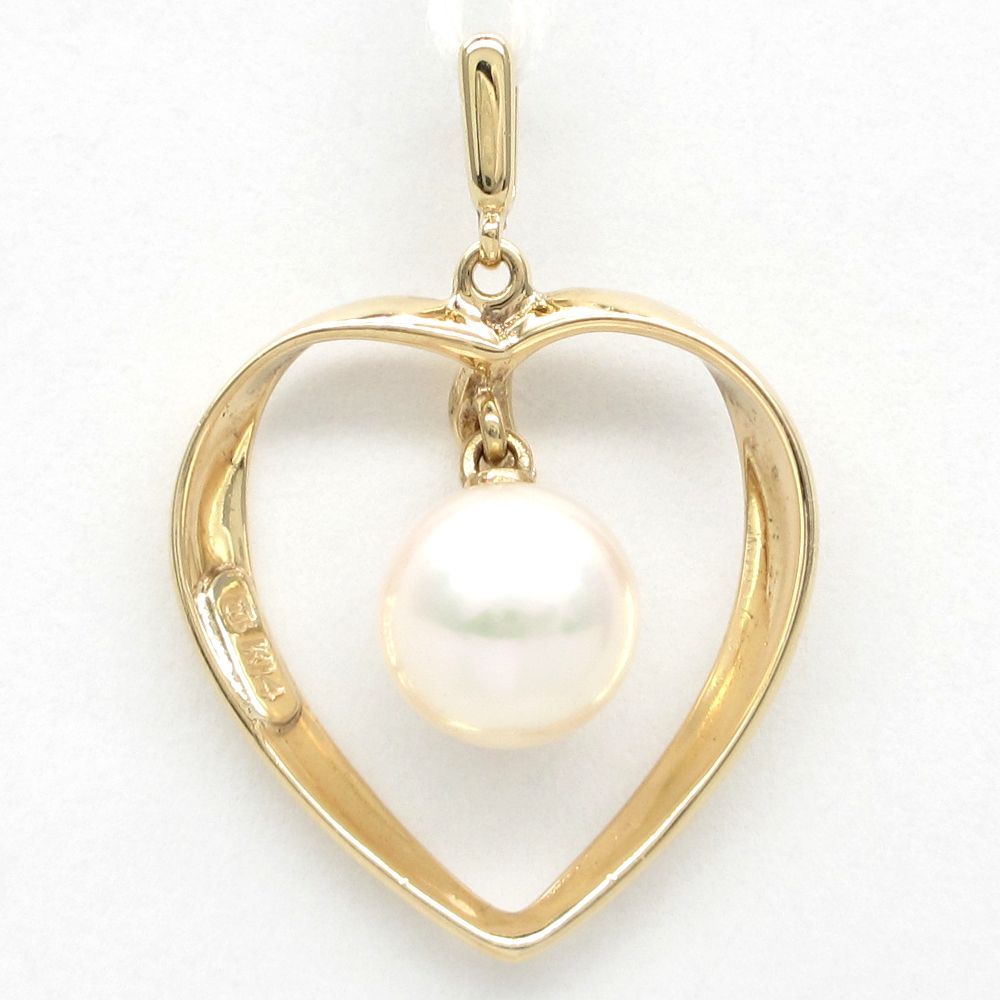 MIKIMOTO K14 yellow gold pendant top with milky white 7.4mm pearl, 25mm x 17mm size