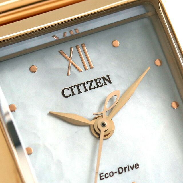 Citizen Ladies EW5593-64D El Square wristwatch with white shell dial and pink gold stainless steel mesh band