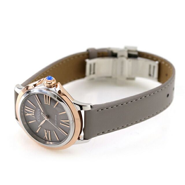Citizen L ladies watch EM1166-01Z with gray dial, pink gold stainless steel case, and gray synthetic leather band