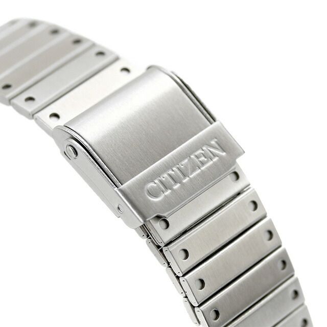 Citizen JG2126-69E men's wristwatch with black LCD dial, stainless steel jet black case, and silver sliding band