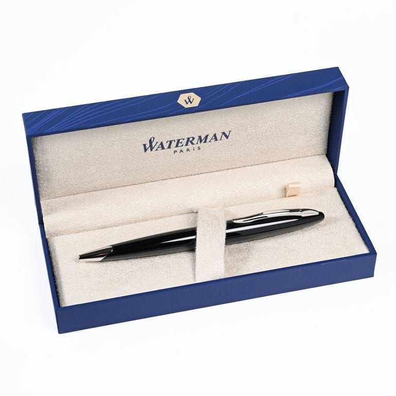 Waterman Carene Black Sea ballpoint pen with silver refill displayed on a white background