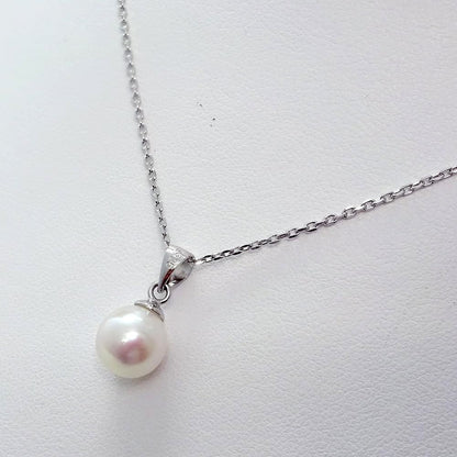 Akoya real pearl pendant necklace with 8mm pearl and SILVER925 small bean chain 45cm length