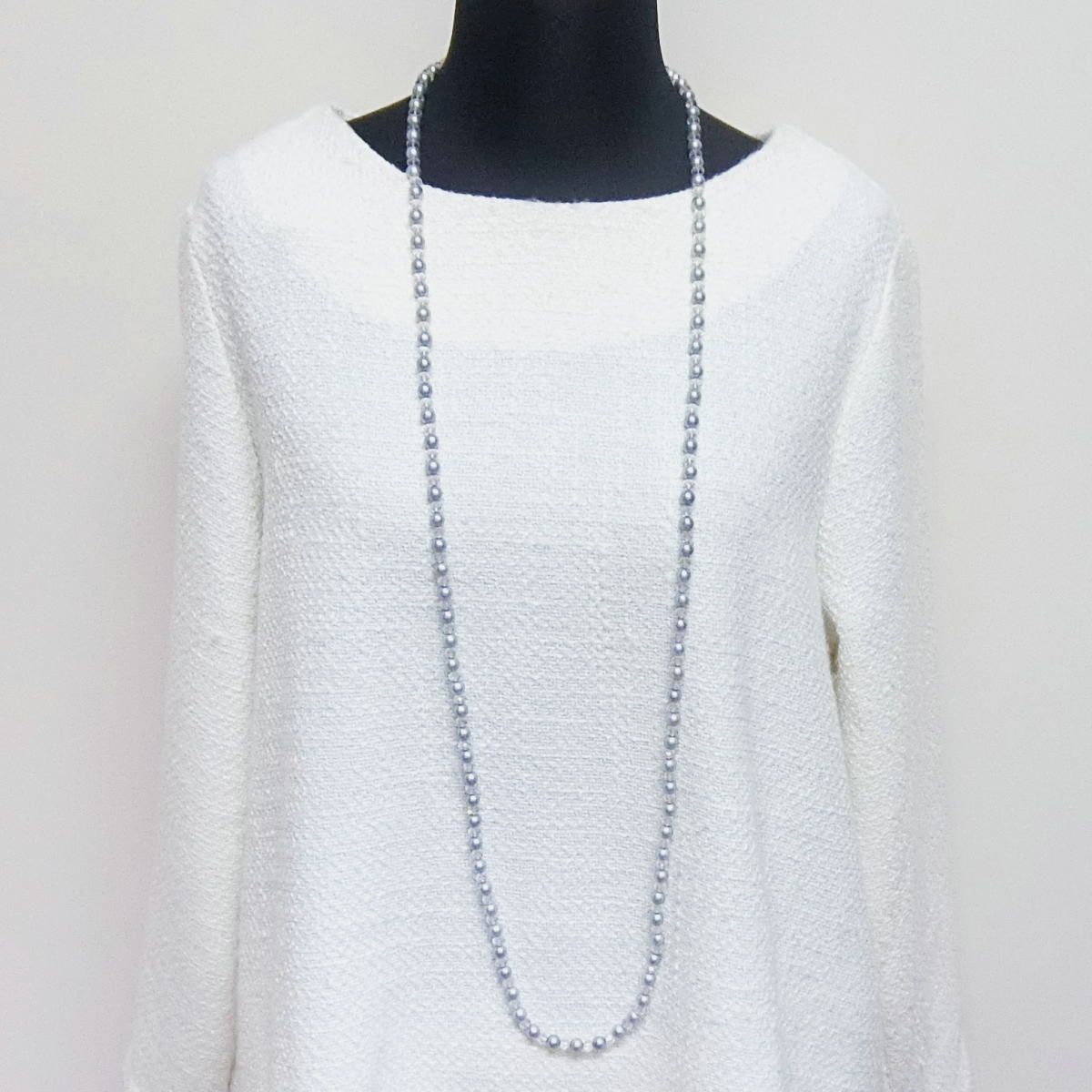 Tasaki Valleii long necklace with 7mm Akoya gray pearl, Swarovski crystals, and silver clasp