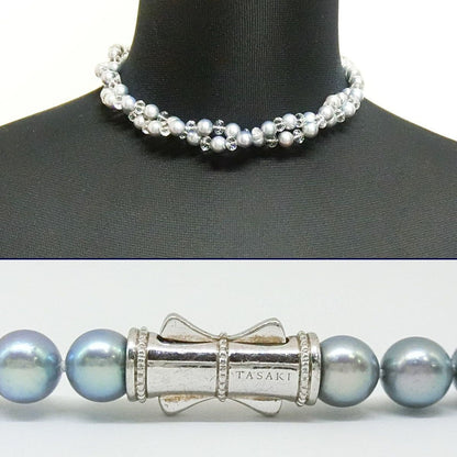 Tasaki Valleii long necklace with 7mm Akoya gray pearl, Swarovski crystals, and silver clasp