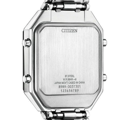 Citizen JG2126-69E men's wristwatch with black LCD dial, stainless steel jet black case, and silver sliding band