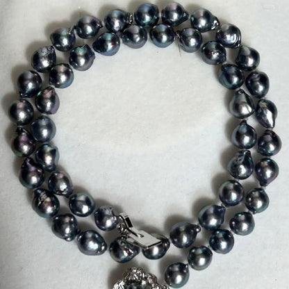 Blue Akoya pearl necklace featuring 8mm baroque pearls with silver metal fittings, 45.5cm length