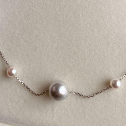 Akoya Pearl K18 Station Necklace featuring 8-8.5mm baroque and 4-4.5mm baby pearls on a 40-45cm gold chain
