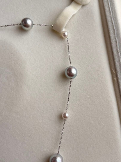 Akoya Pearl K18 Station Necklace featuring 8-8.5mm baroque and 4-4.5mm baby pearls on a 40-45cm gold chain
